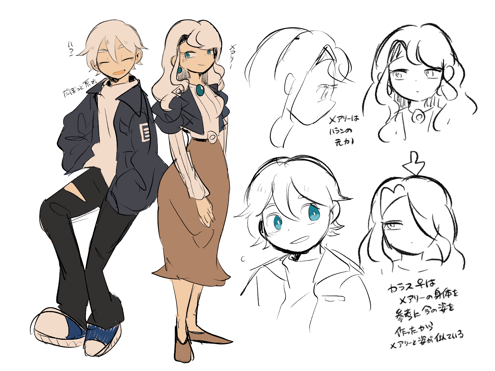 「両性の生殖器」に出てくるハランとメアリー<br>
    ハランとメアリーは互いに元恋人同士ですがカラス♂♀はそのことを知りません。(多分知ったらいろいろとややこしくなる)<br>
    ちなみにハランという名前は波乱万丈からもじったもの(安直)