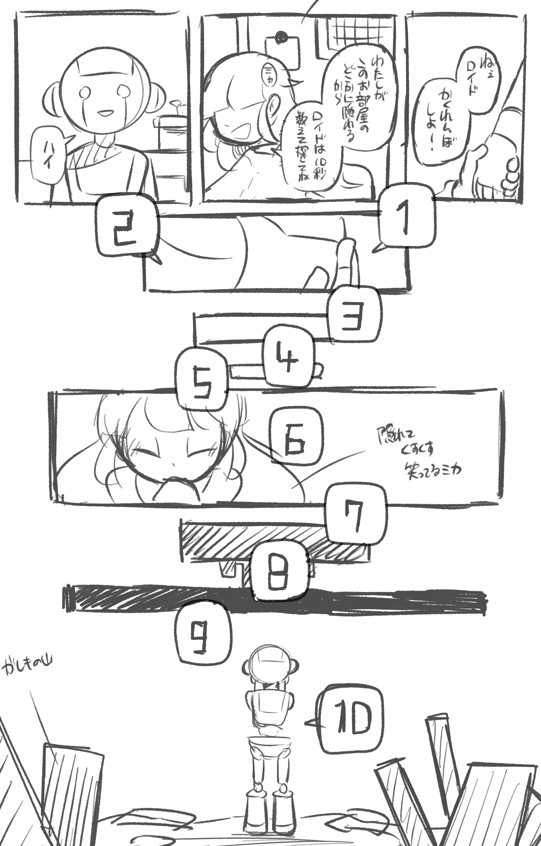 ①ラフや下描き。<br>
      ここでコマ割りや構図を考えて下描きを描いていきます。