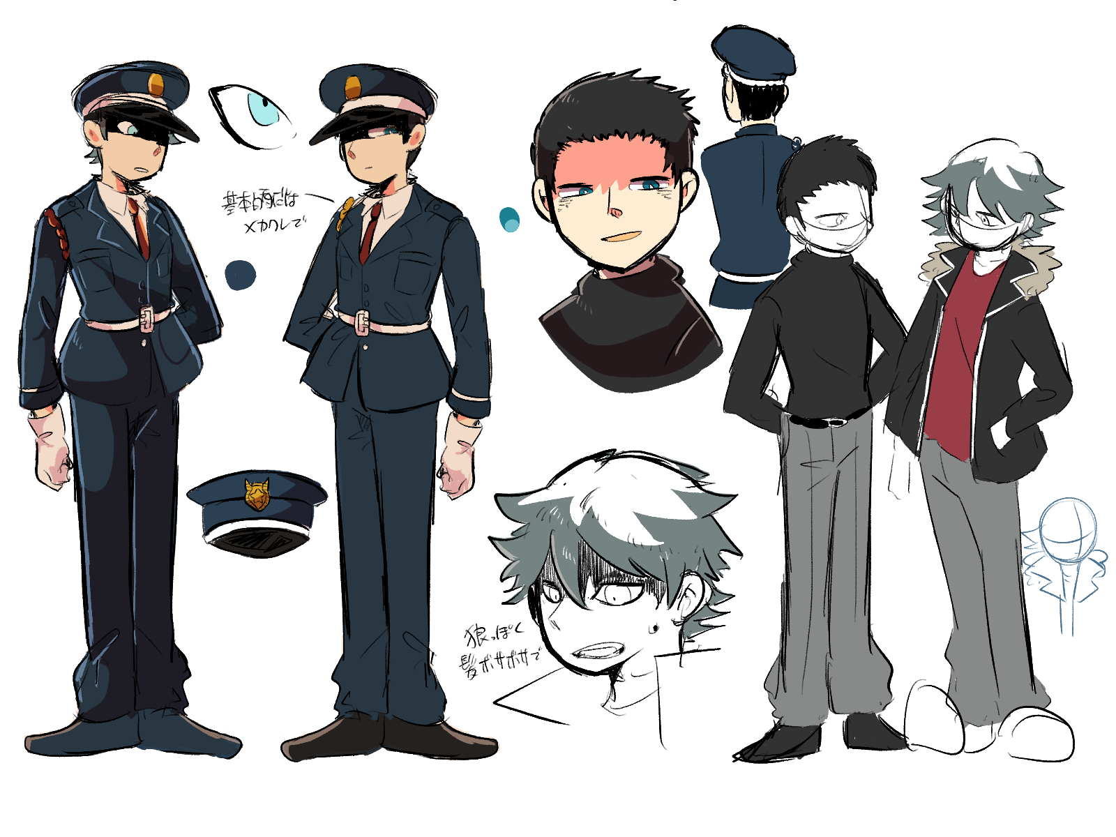 「生き残りの恐竜たち」に出てくる初期設定の「水樹」と「先輩」<br>
    水樹はあまり今のキャラデザと比べて変化はありませんが、先輩の方は今より短髪にしていました。(結局狼要素を出すために髪を伸ばしてハネさせました)